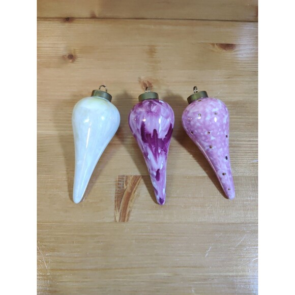 Lot Of 3 Hand Made Christmas Tree Ornament Teardrop Pink Ivory Gold Porcelain 4" - Picture 1 of 5